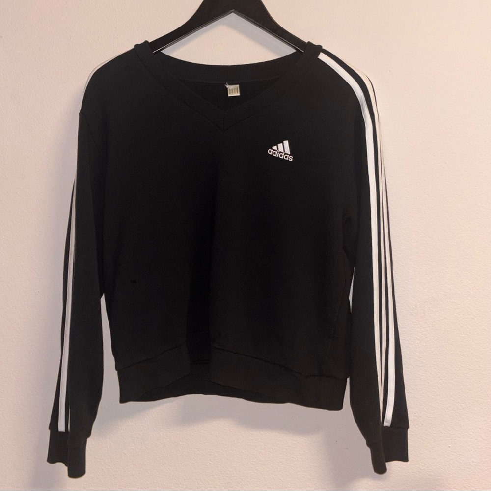 Adidas Black 3 Stripe V Neck Sweatshirt Large Logo Pullover Top